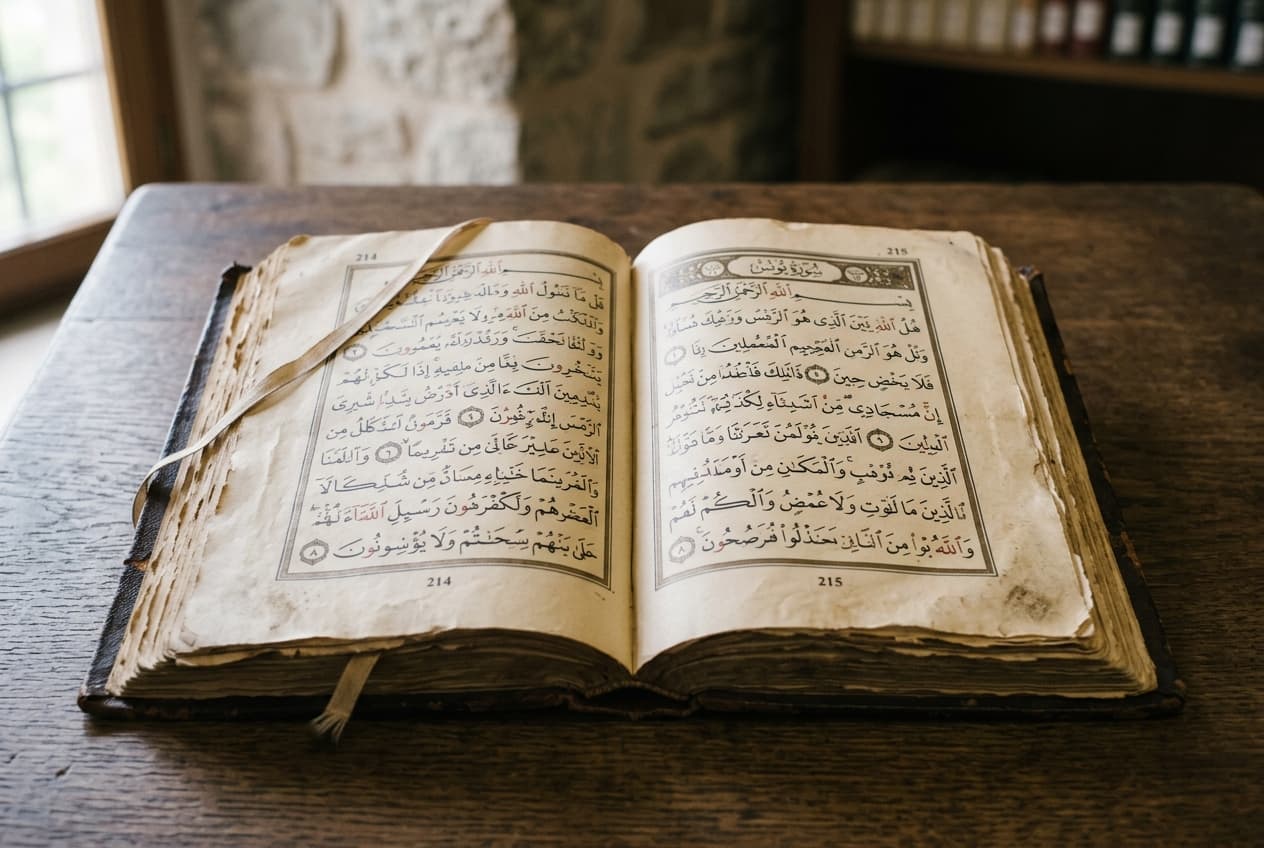 An open Mushaf with aged, delicate pages undergoing respectful preservation and repair